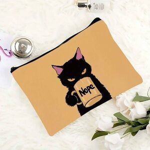 Black Cat Nope Coffee Mug Makeup Bag Canvas Cosmetic Pouch Funny Gift NWOT